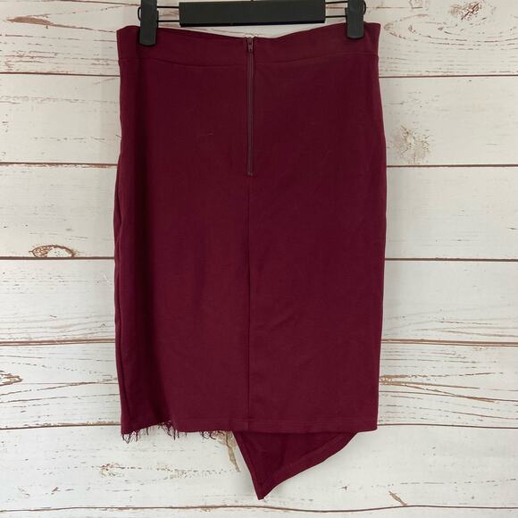 Windsor M Maroon Peek A Boo Lace Asymmetrical High Rise Pencil Midi Skirt - Picture 4 of 6
